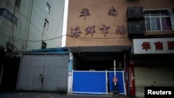 资料照:据信最初被发现新冠病毒的武汉华南海鲜市场的入口被堵住。(2020年3月30日)