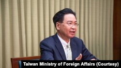 资料照 - 2021年4月28日台湾外交部长吴钊燮接受英国天空电视台驻北京亚洲记者Tom Cheshire的视频专访。(图片来自台湾外交部网站)